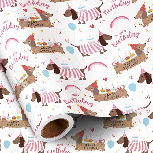 RUSPEPA Dog Birthday Wrapping Paper Roll for Girls Mini Roll Pink Dachshund with Cake Balloon and Happy Birthday Text Design Gift Wrap for Kids Pet Lovers Puppy Party 17 Inches x 16.4 Feet