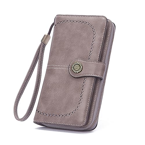 Image of Mokoze Wallet for Women, PU Leather Large Capacity Wallets with Wrist Strap and Zipper for Hold Credit Cards /Cell Phones /Keys, Girlfriends Mother's Day Gifts, Grey, 7.48 inch x 4.13 inch x 1.18 inch, Bifold