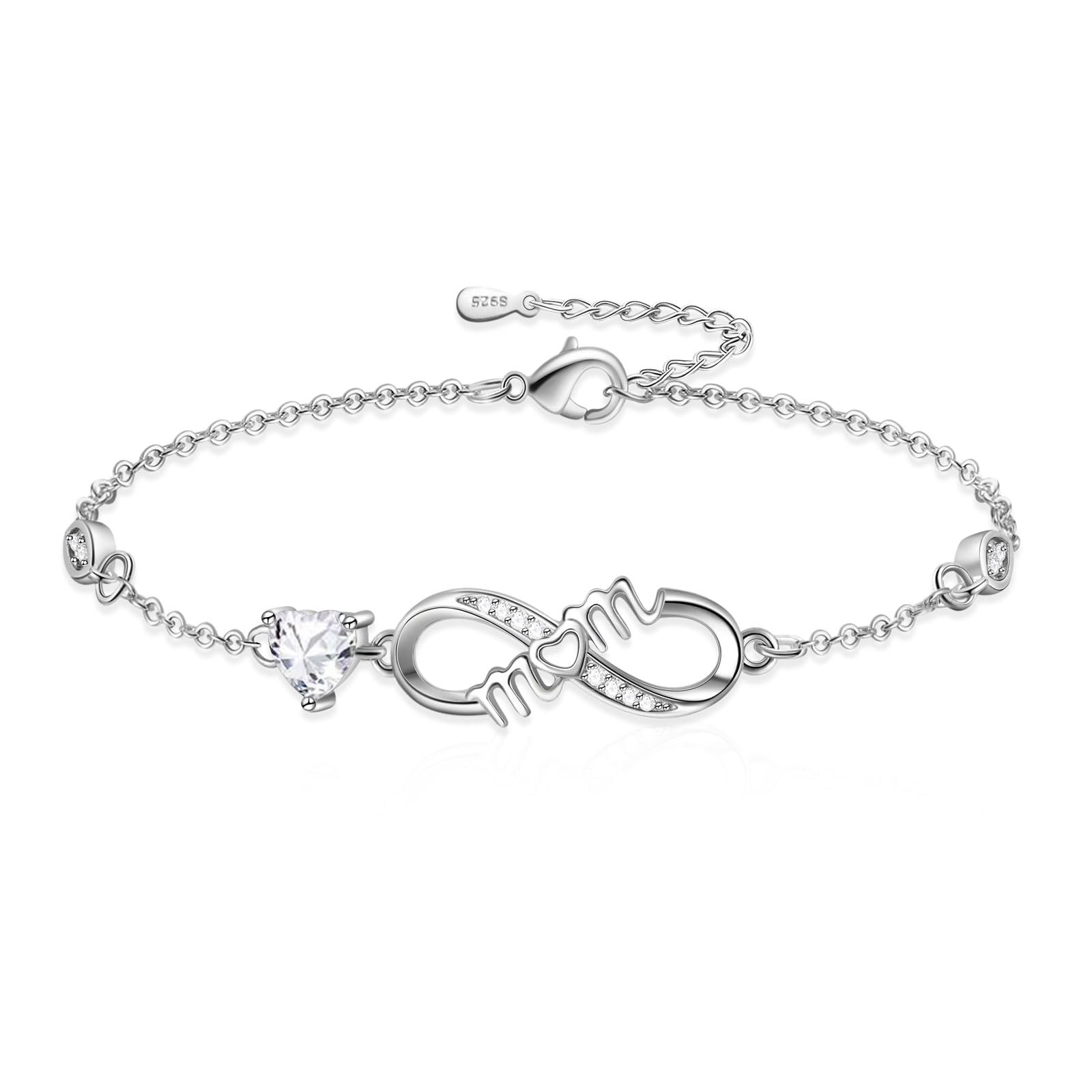 Tusuzik Bracciale Argento 925 Donna, Bracciale Infinito Donna Argento 925 con Cuore Zirconi Regolabile Bracciali Donna Gioielli Regalo per Mamma Amica Ragazza
