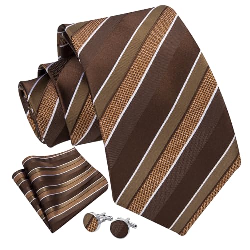 Image of Enlision Mens Ties Stripe Tie and Pocket Square Set Classic Formal Woven Neckties Handkerchief Cufflinks Wedding
