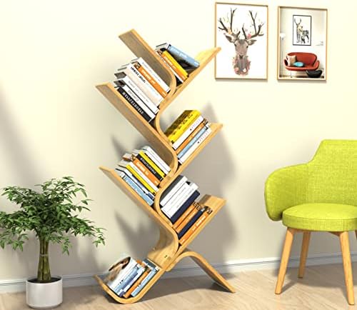 Tree Bookshelf, Bamboo Bookshelf with Storage, 6-Tier Kids Bookshelf with Fixed Belt , S-shaped Wood Bookshelf Organizer Shelves, Unique Floor Standing Bookshelf for Bedroom, Home, Office, Living Room