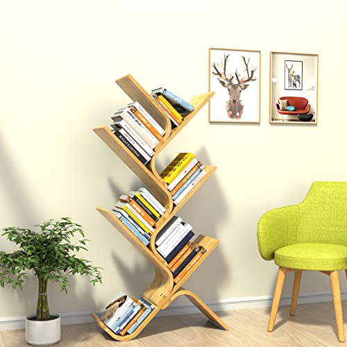 Tree Bookshelf, Bamboo Bookshelf With Storage, 6-Tier Kids Bookshelf With Fixed Belt , S-Shaped Wood Bookshelf Organizer Shelves, Unique Floor Standing Bookshelf For Bedroom, Home, Office, Living Room #TOP27