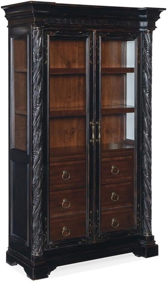 Bowery Hill Glass-Door Display Cabinet, 82"H x 48"W x 20.5"D, Cherry Veneers, Black Cherry Finish, Tempered Glass Doors, Adjustable Shelves, Self-Closing Drawers, Intricately Carved, Colonial Style
