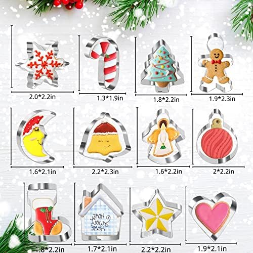 Keepaty Mini Christmas Cookie Cutters Set of 12 Pieces Small Christmas Xmas Biscuit Cutters Star Tree Angel Bell Stocking Heart & More Shapes Stainless Steel for Holiday Baking