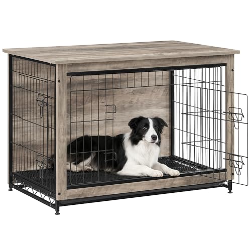 Feandrea 38.6' Dog Crate Furniture, Indoor Dog Cage Side End Table, XL Pet Wood Kennel for Large and Medium Dogs up to 70 lb with Multi-Purpose Removable Tray, Double-Door Pet House, Greige