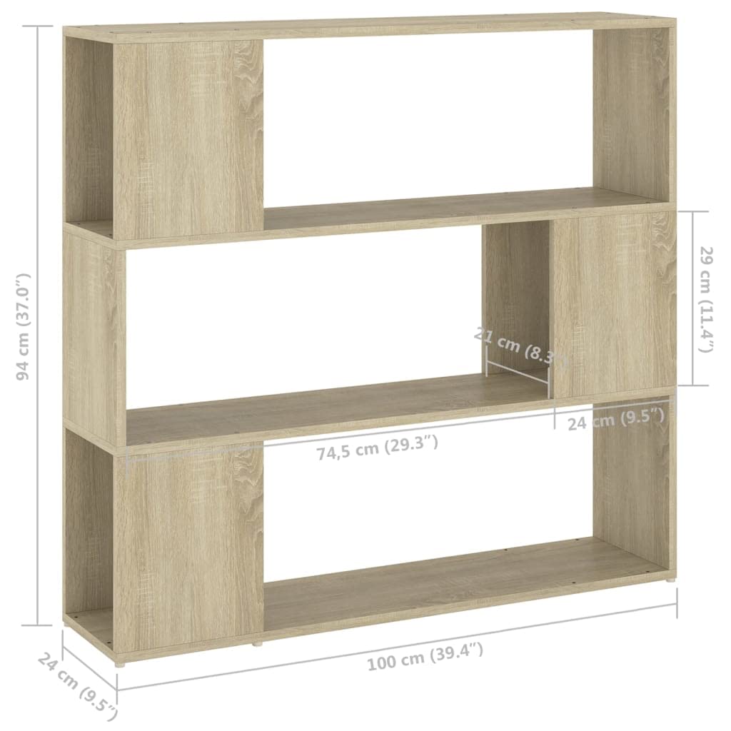 Regał na książki, ścianka działowa, dąb sonoma 100 x 24 x 94 cm, z 3 przestronnymi półkami, stabilny drewniany regał do salonu, gabinetu i korytarza, łącznie z uchwytem ściennym dla