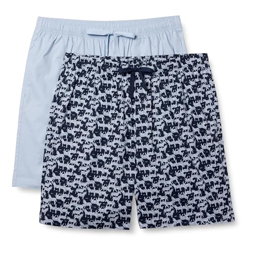 Amazon Essentials Pantaloncini del Pigiama da Casa in Popeline di Cotone Elasticizzato Uomo, Confezione de 2, Azzurro Opaco/Zebra, XXS