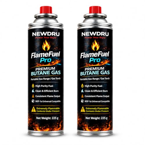 Image of NEWDRU FlameFuel Pro Butane Gas Canister - 2 Can (225g) | MSF-1a Universal Fit with Adapter | High-Pressure Clean-Burn Fuel for Camping Stove, Portable Cooker, Welding Torch & Lighter