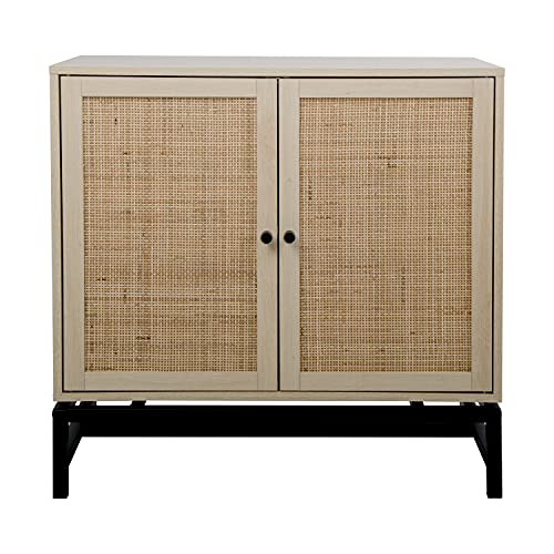 Symmetrical 2 Magnetic Door Buffet Cabinet with Natural Rattan Iron Bracket up to 99Lbs, Sideboard Buffet Storage Cabinet, 2-Tier Shelf 3 Adjustable Holes Sideboard Buffet US Delivery (Low Leg)