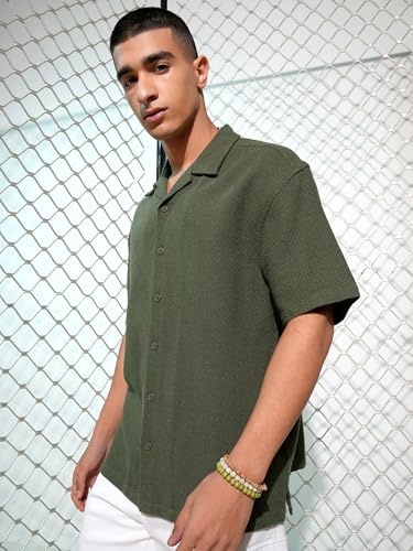 Image of Highlander Men's Oversized Shirts | Self Design | Half Sleeves | Cuban Collar | Casual Shirts | Stylish Shirt