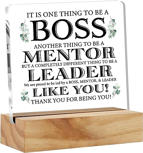 Image of Bs amor Appreciation Boss Gifts for Men Women, Awesome Boss Desk Decor Acrylic Desk Plaque Sign with Wood Stand Home Office Desk Sign 5x4 Inches