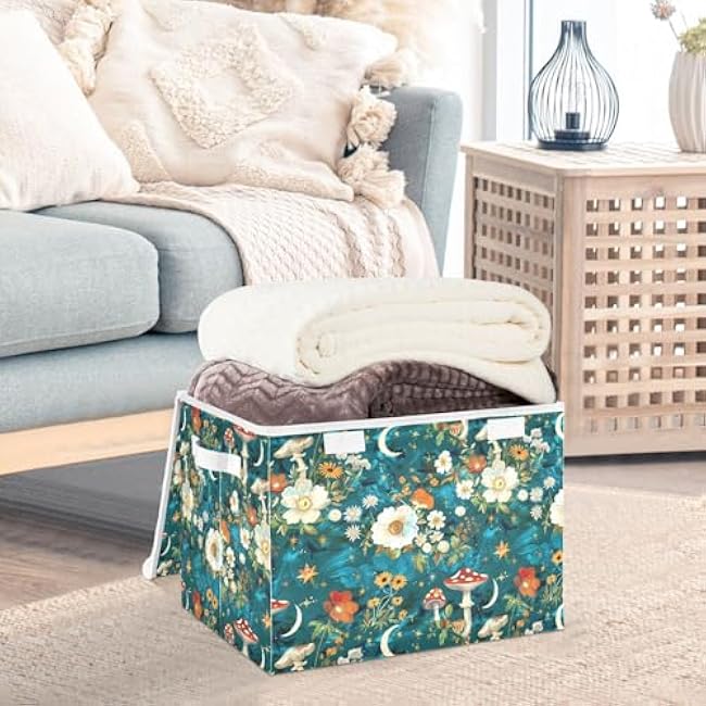 senya Large Storage Bins with Linen Collapsible Foldable Storage Cubes Fabric Closet Organizer Containers box with Flip-Top Lid for Home Bedroom Office 16.7 x 12.6 x 11.8in (Flowers Mushrooms Stars)