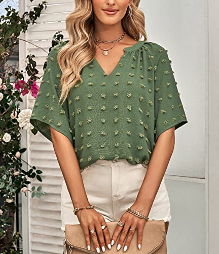 Arjosa Women's Summer 3/4 Flutter Sleeve Chiffon Work Blouses Business Casual Babydoll Tops Dressy (Small, Green) #TOP3