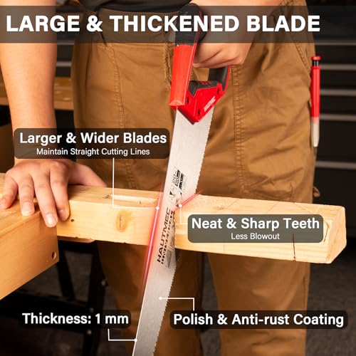 HAUTMEC 350MM X-Sharp Pro Hand Saw for Cuts Comfort, Quality and Accuracy, Fine-Cut Handsaw with 12 TPI Triple-Ground Teeth and 1mm Thickened Large Blade, Bi-Material Ergonomic Handle – HT0295 - Image 4