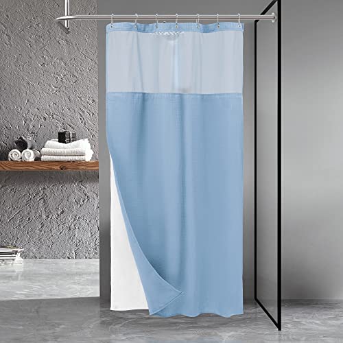 N&Y Home Stall Waffle Weave Shower Curtain With Snap-In Fabric Liner & Hooks Set - 36" X 72" Small Shower Stall Size, Hotel Style & Mesh Top Window, Machine Washable - 36X72, Blue #TOP5