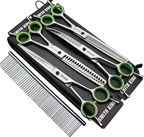 Image of 7.0 inches Professional Dog Grooming Scissors Set Straight & thinning & Curved & chunkers & comb 5pcs in 1 Set for left-handed & right handed