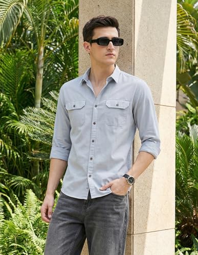 Image of IndoPrimo Men's Cotton Shirt with Stylish Flap Pockets Full Sleeves Spread Collared Neck Solid Pattern Western Style Classic Fit and Standard Length