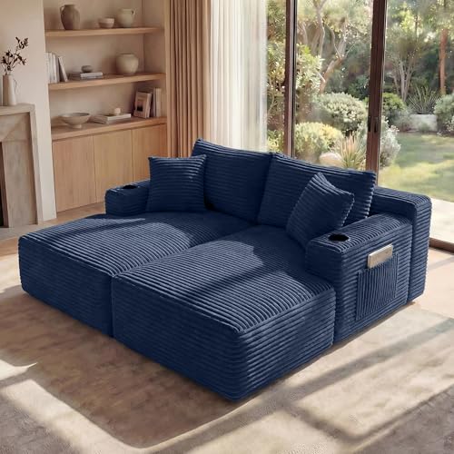 Image of 125 inch Oversized Cloud Boneless Couch with Chaise, Modern Modular Sofa with Deep Seat, Corduroy Upholstered U Shaped Couch for Living Room, No Assembly Required (Blue)