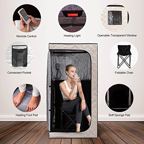Smartmak Portable Infrared Home Sauna, Full Size Personal Sauna Spa, Indoor Saunas With Heating Foot Pad And Upgraded Chair For Detox Therapy（33.9" L*33.9" W*66.6" H, Beige） #TOP3