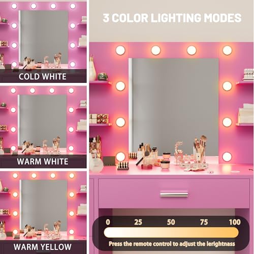 Image of Furmax Vanity Desk with Mirror, LED Lights and Power Outlet Makeup Vanity Table with 7 Drawers and 6 Storage Shelves Dressing Table for Bedroom Dressing Room (Pink)