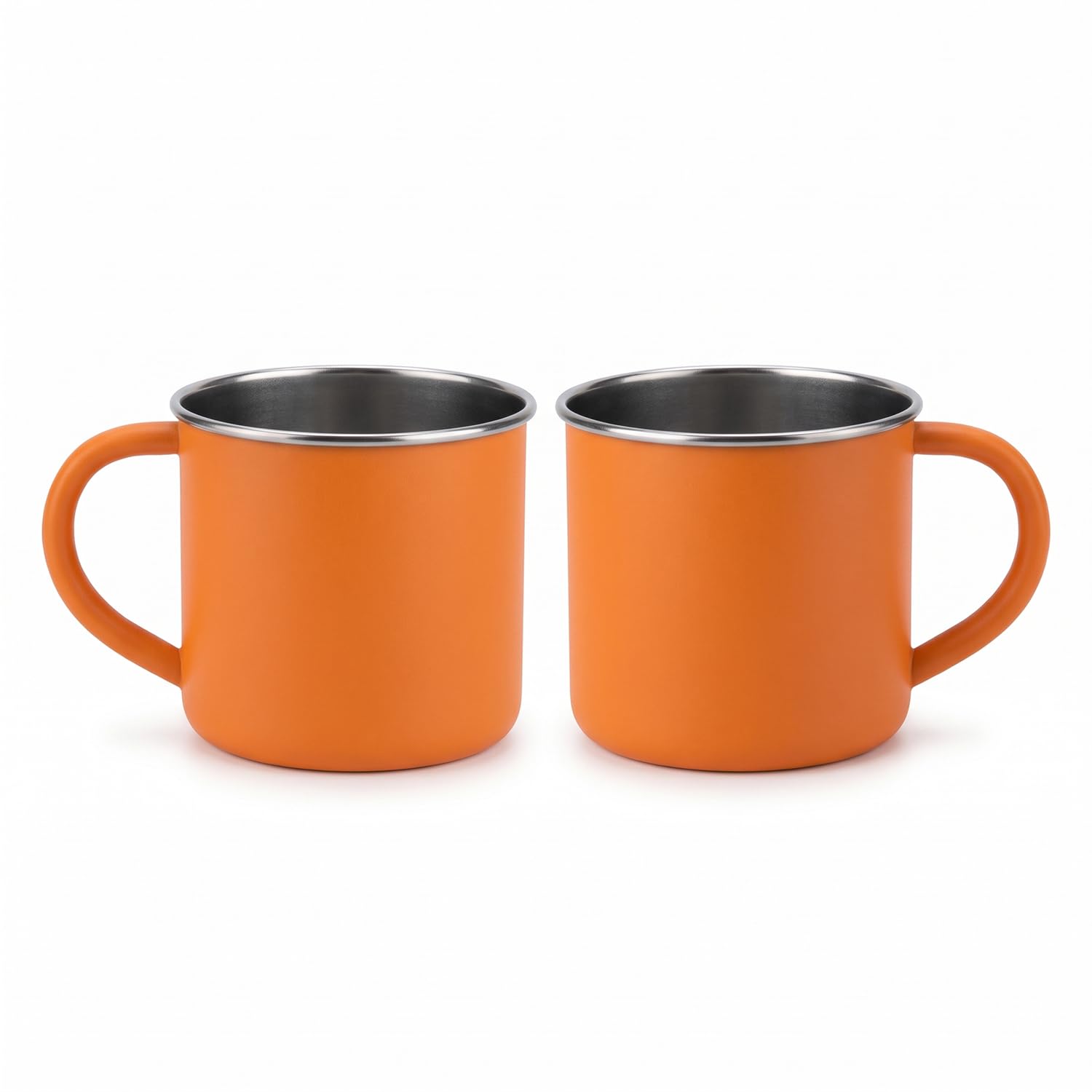 Stainless Steel Cup 2 Pcs with Handle, 300ml Camping Tumbler Stackable, Shatterproof Metal Cups Reusable, Drinking Cups Heat Cold Resistant for Camping Hiking Outdoor Indoor Picnics (Orange)