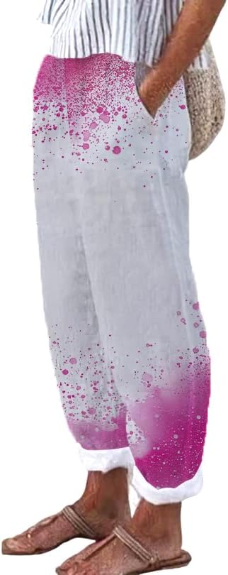 Women's Summer Boho Pant Casual Floral Print Cotton Linen Baggy Pants with Elastic ...