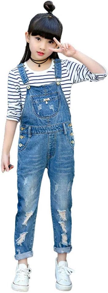 Digirlsor Girls Overalls Little Big Kids Distressed Denim Bib Pants Ripped Blue Jeans Romper Jumpsuit, 3-12Y