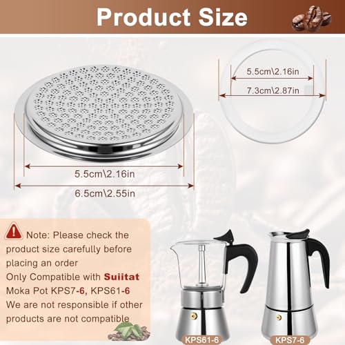 Image of Moka Pot Replacement Parts, KPS-SR Moka Express 6 Cup Upgraded Replacement Filter and 2 Silicone Gaskets for Moka Pots, Compatible with KPS7-6, KPS61-6