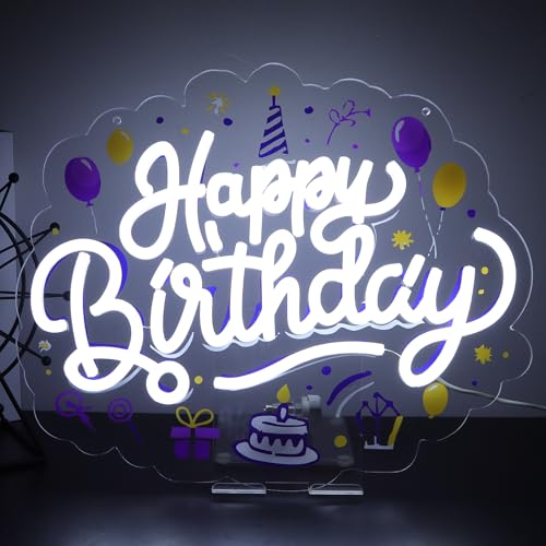 Image of Happy Birthday Neon Sign LED Happy Birthday Light Up Sign Wall Decor for Birthday Party Backdrop Cake Tables Room Gift Art for Boys Girls-14.57 x 12.2 IN-Dimmable USB Powered-Acrylic