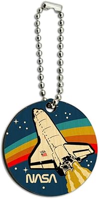 NASA Logo Over Space Shuttle with Rainbow Wood Wooden Round Keychain Key Chain Ring