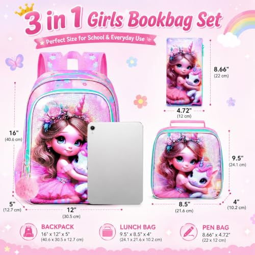 Image of AGSDON 3PCS Unicorn Backpack for Girls, 16 inch Kids Backpacks for Girl Water Resistant Preschool, Elementary Bookbag with Lunch Box