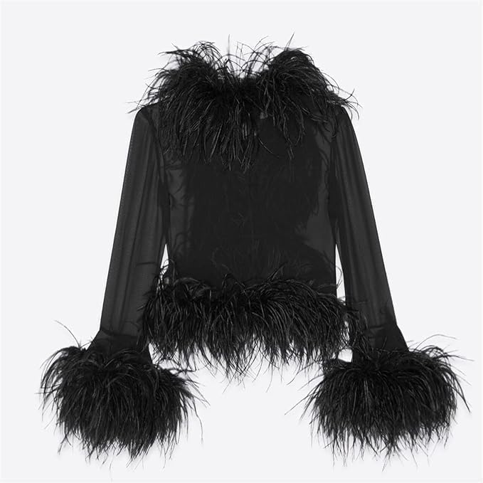 FE-19 See-Through Top with Real Feather Collar and Cuffs Silk Shirt for Women Sexy Girls Jacket - Image 3