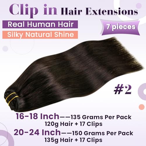 Image of LaaVoo Clip in Hair Extensions Real Human Hair Dark Brown Hair Extensions Clip In Darkest Brown 16 Inch 7pcs /135g