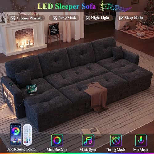HIFIT 107\'\' LED Sectional Sleeper Sofa with Pull Out Couch Bed, Convertible U Shaped Couch with Storage Chaise, Adjustable Backrest & USB, Modern Chenille Home Sofa Living Room Furniture Set, Grey