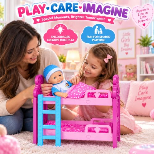 Image of Baby Dolll Bunk Bed Playset for Kids, Lovely Dolll with 2-Level Pink Bunk Bed, Blue Outfit & Cap, Dolll Accessories, Pretend Play Toy Set for Girls & Kids