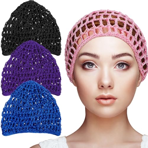 Geyoga 4 Pieces Mesh Crochet Hair Net Rayon Knit Snood Hat Thick Short Women Hairnet Snoods Cover Ornament for Sleeping (Pink Black Blue Purple)