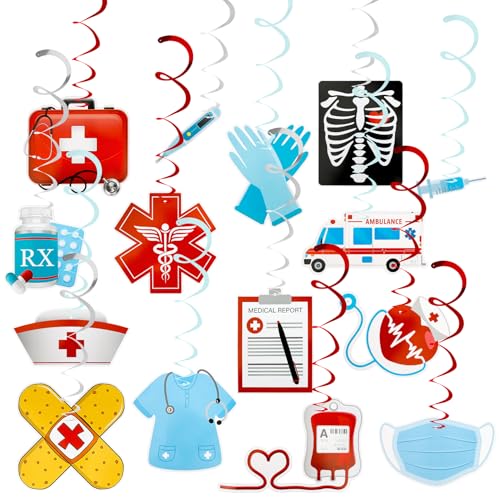 Image of Nurses Week Hanging Swirl Decorations, 30 PCS Red and Blue Nurse Graduation Party Supplies Foil Whirls Ceiling Streamers Thank You /Happy Nurse Doctor Medical RN Appreciation Gifts Bulk Party Birthday