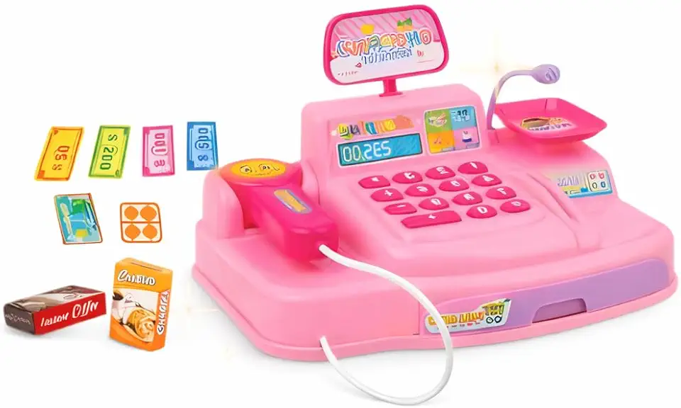 Caixa Registradora Infantil com Acessórios, Scanner com Som e Luz, Inclui Moedas, Cédulas e Cartão, Cores Rosa e Azul, Brinquedo Educativo para Crianças a partir de 3 Anos (Rosa)