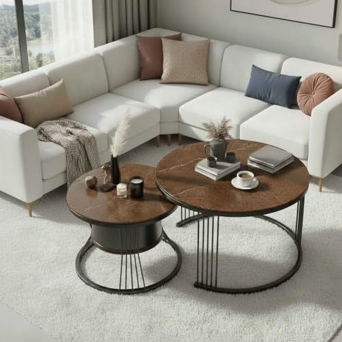 Image of Round Coffee Table Set of 2 for Living Room Wooden Top with Black Metal Frame Modern Nesting Center Table for Sofa Area Home & Office Furniture (Black Brown)
