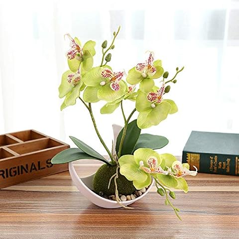 Artificial Orchid Bonsai Fake Flowers with Vase in Pot Simulation Plant Phalaenopsis Home Decor Indoor Outdoor office Artificial plant(1 pack),Green Cover