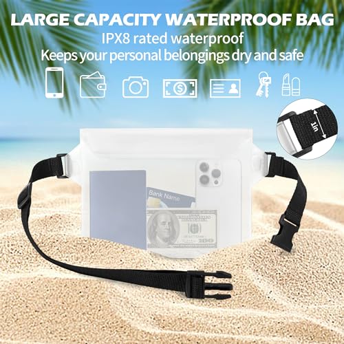 jealkip Waterproof Pouch with Adjustable Waist Strap, Waterproof Dry Bag, Keeps Cell Phones and Valuables Safe and Dry, Perfect for Kayaking, Beach, Camping and Swimming (White)