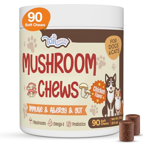 Turkey Tail Mushroom for Dogs TailSphere 12-in-1 Mushroom Chews for Dog Immune Gut Skin & Coat Support 7-Mushroom Blend with Reishi & Lions Mane Probiotics & Omega-3 Chicken Flavor 90 Count