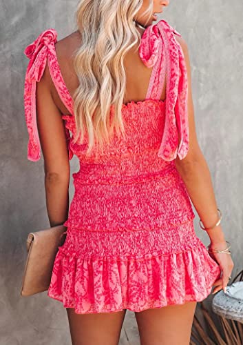 Image of Hotmiss Womens Ruffle Smocked Mini Dress Sleeveless Floral Print Summer Tiered Tie Slim Fit Short Dresses