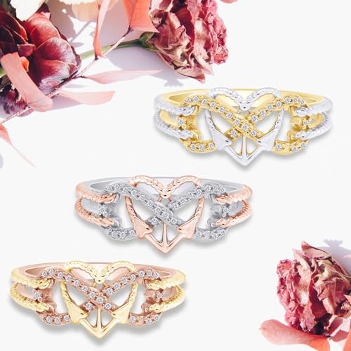 Infinity Heart Anchor Rope Promise Rings for Women, 1/10 Carat Round Cut Moissanite, Lab Grown or Natural Diamond Two Tone Ring in 14K Gold Plated 925 Sterling Silver Jewelry Gift for Her2