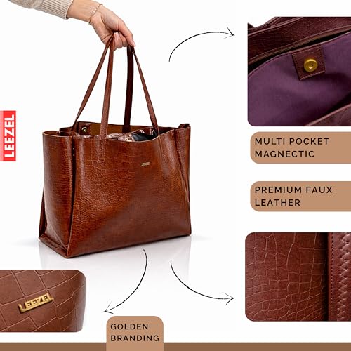 Image of LEEZEL Women's Structured Tote Bag - Large Capacity Work & Travel Purse Croco Pattern Vegan Leather Stylish Tote Bag Classic Everyday Shoulder Bag