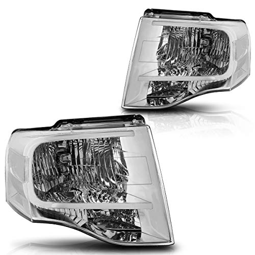 Pair of Headlight Assembly Set Chrome Housing/Clear Corner Compatible with Ford Expedition 07-14