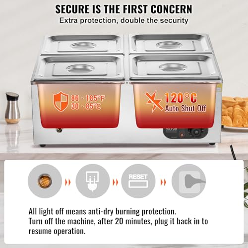 VEVOR kommerzieller Speisenwärmer 4 x 8 Qt Behälter elektrischer Dampftisch, 1500 W professionelles Buffet-Wasserbad aus Edelstahl für die Arbeitsplatte mit Temperaturregelung von 30 bis 80 °C Silber – Bild 5