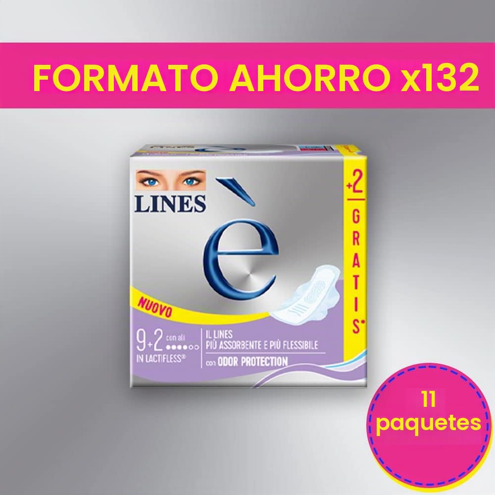 Lines Es día con alas absorbentes de lactifless, paquete de 132 piezas | el único absorbente con estructura de Lactifless, el LINES más absorbente y flexible de la gama Lines, con Odor Protection