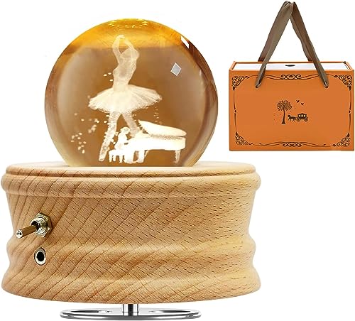 MJKOPEE Caja de Música con Bola de Cristal 3D,Caja de Músic con Bailarina Giratoria 360°, Caja de Música de Madera con Luz,Caja Musical Regalo para Niños,Mujeres,Amigos para Cumpleaños Navidad