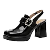 FYS Women's Platform Square Toe Penny Loafers Chunky Block High Heel Slingback Pumps Formal Office Retro Shoes Size 4-16 US